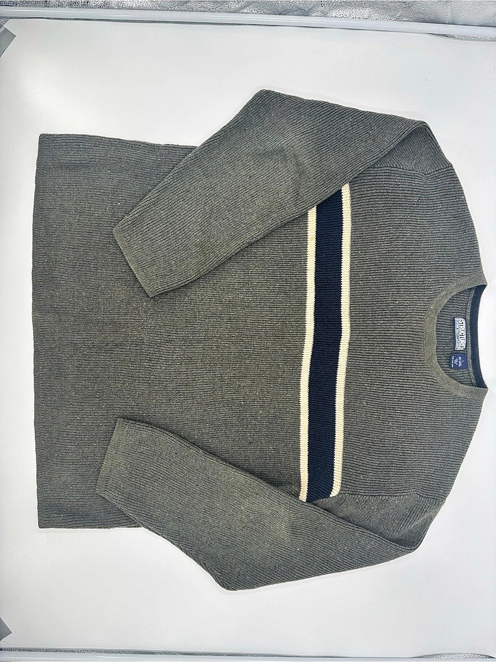 Structure Striped Crewneck Sweater in Gray & Blue Size Large